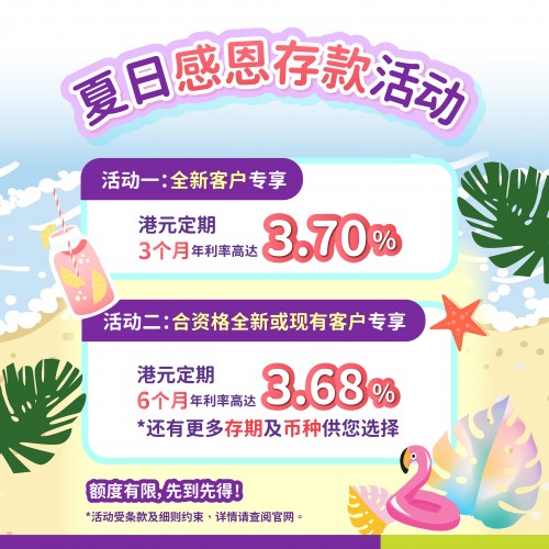 【夏日感恩存款活动】全新客户专享港元3个月年利率高达3.70%！