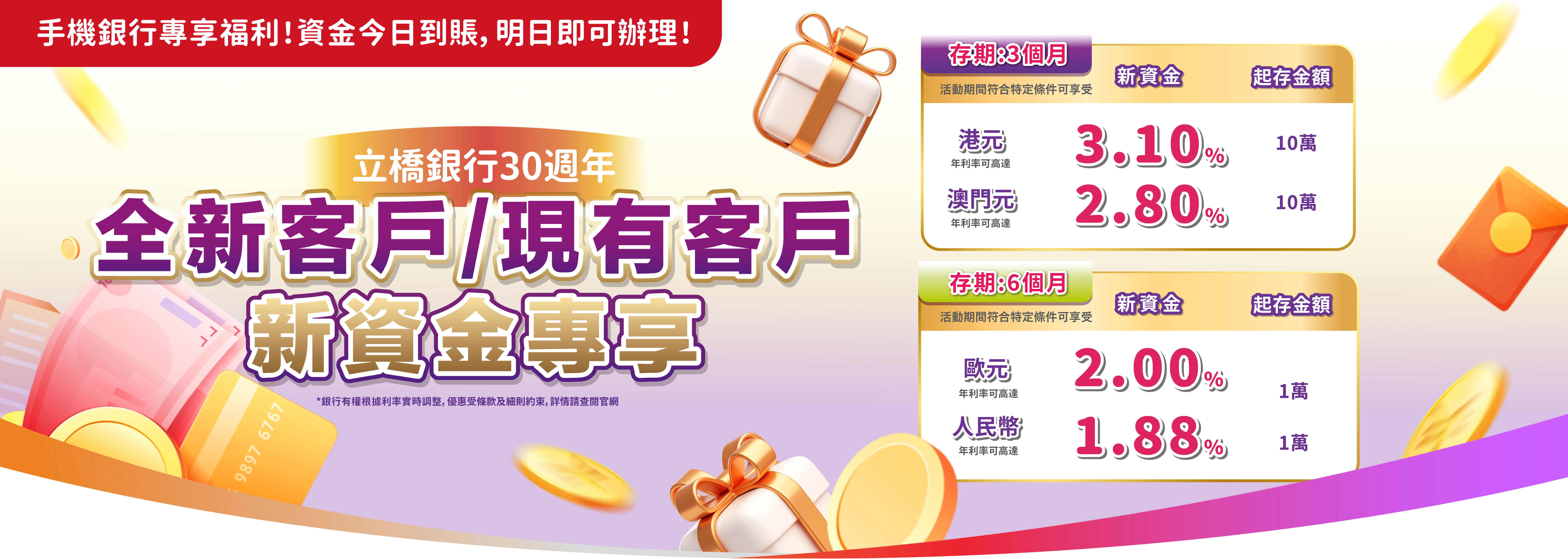 【立橋銀行30週年】快閃存款優惠！港元3個月年利率可高達3.10%！