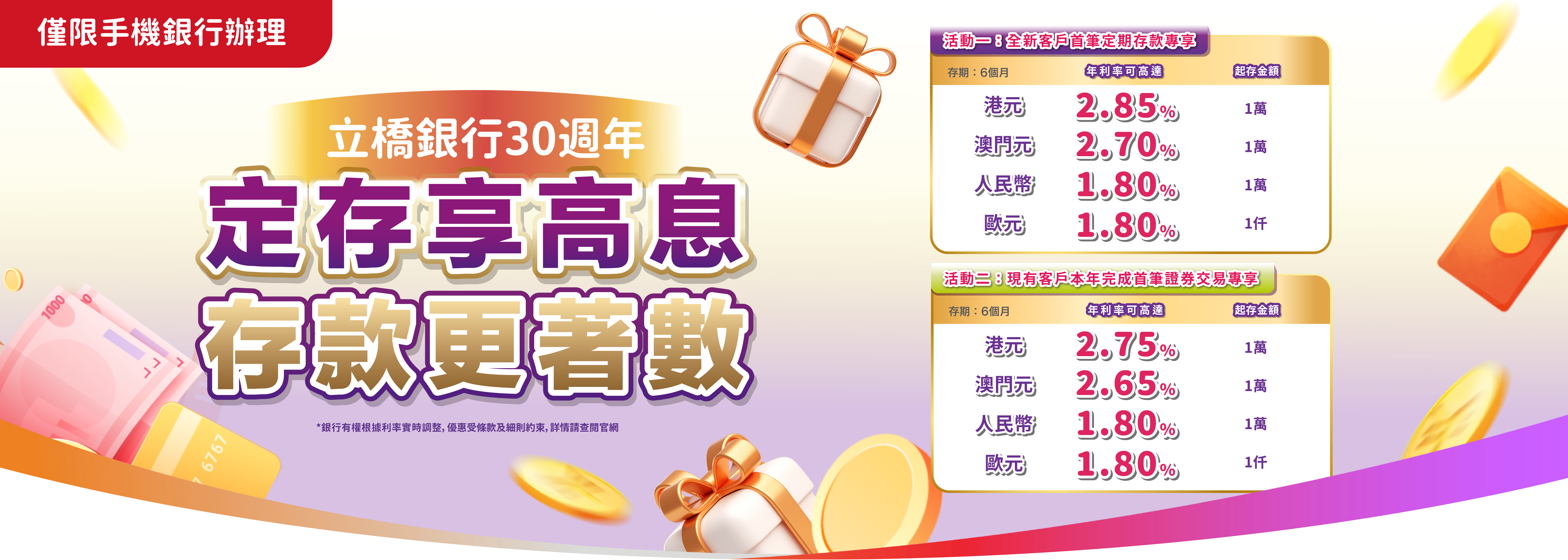 【立橋銀行30週年】定存享高息！港元6個月年利率可高達2.85%！