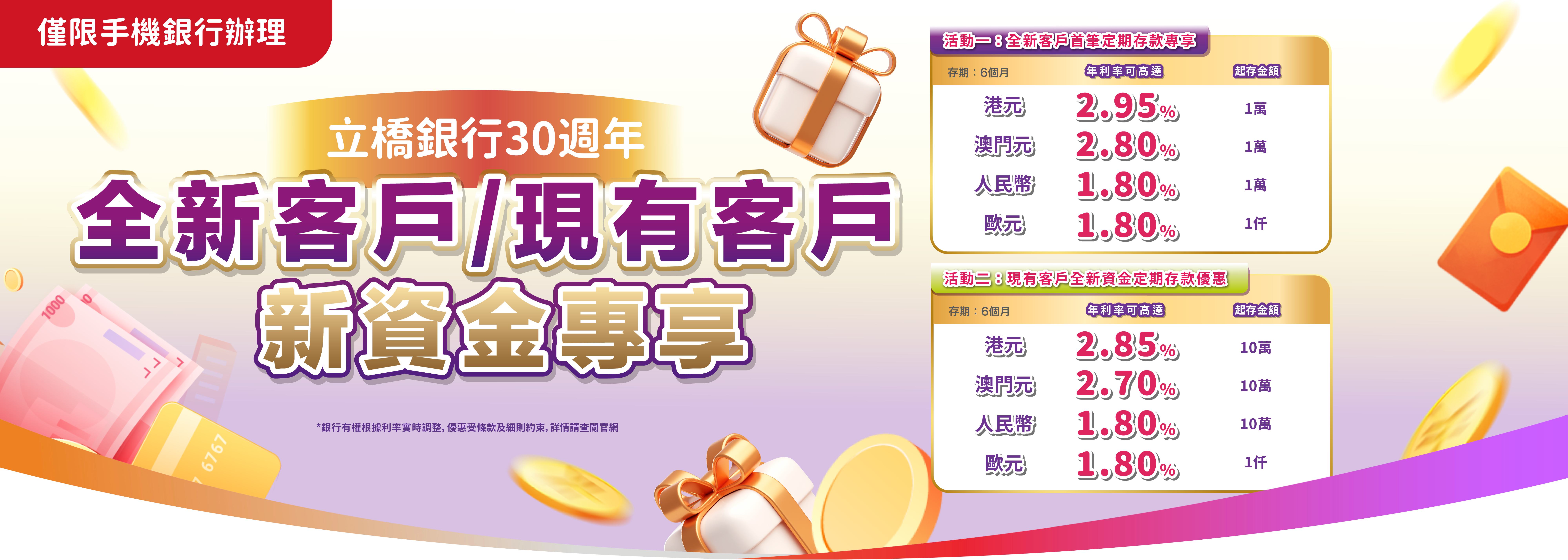 【立橋銀行30週年】全新客戶專享港元6個月年利率可高達2.95%！