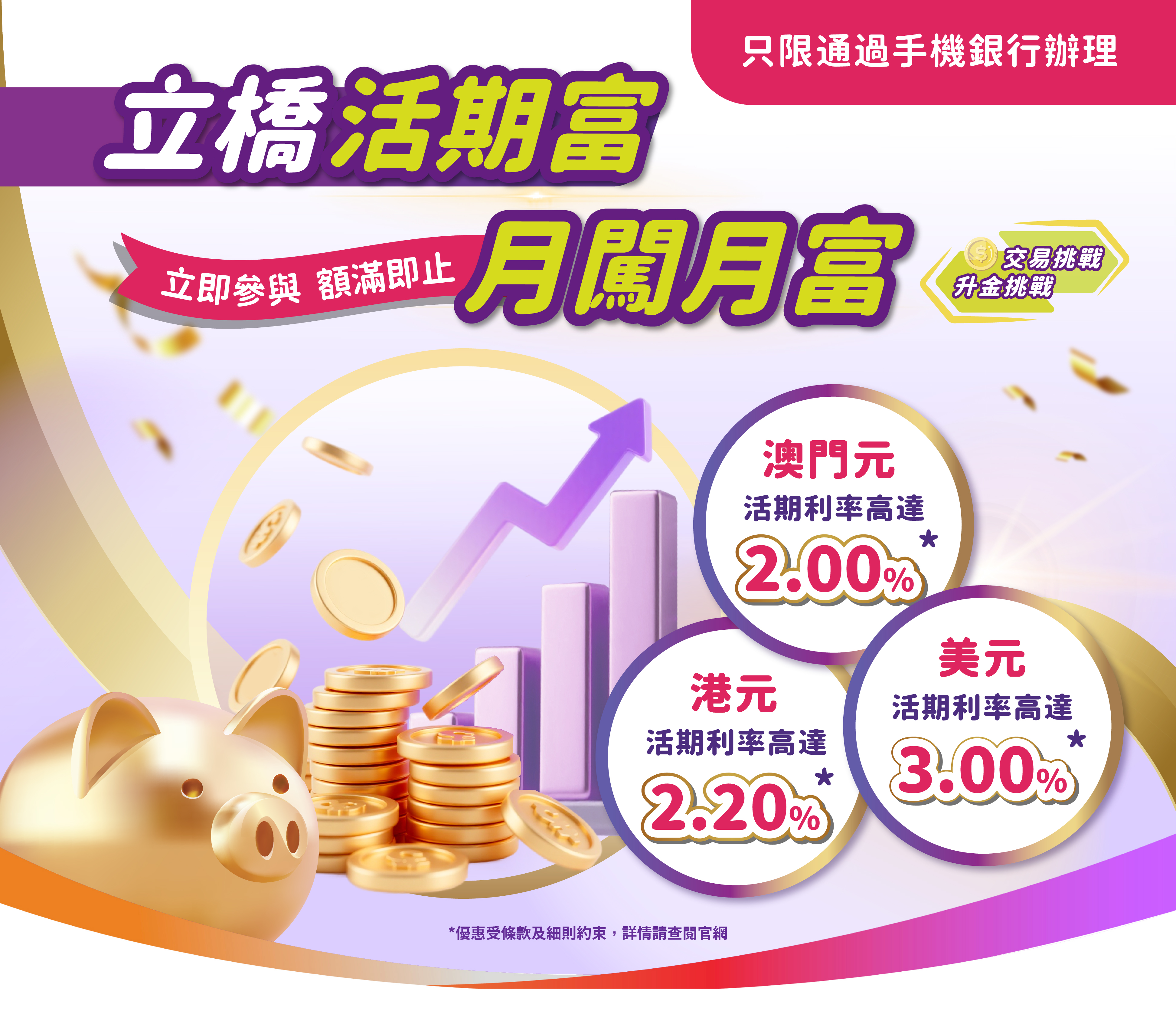 【立橋活期富全新升級】越存越有！港元活期利率高達2.20%！澳門元活期利率高達2.00%！