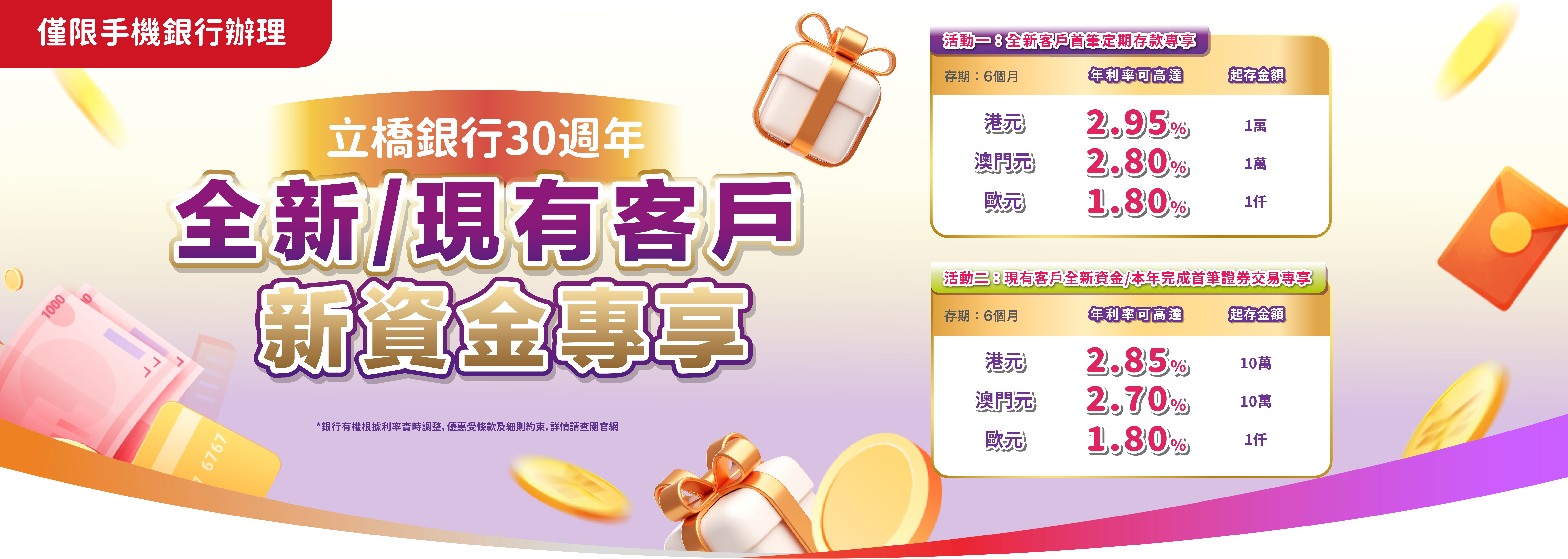 【立橋銀行30週年】全新客戶專享港元6個月年利率可高達2.95%！